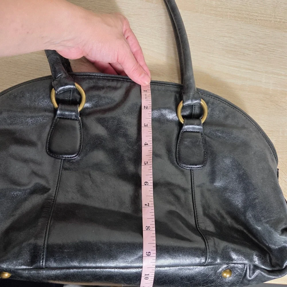 HOBO International Black Leather Satchel Handbag Brass Hardware